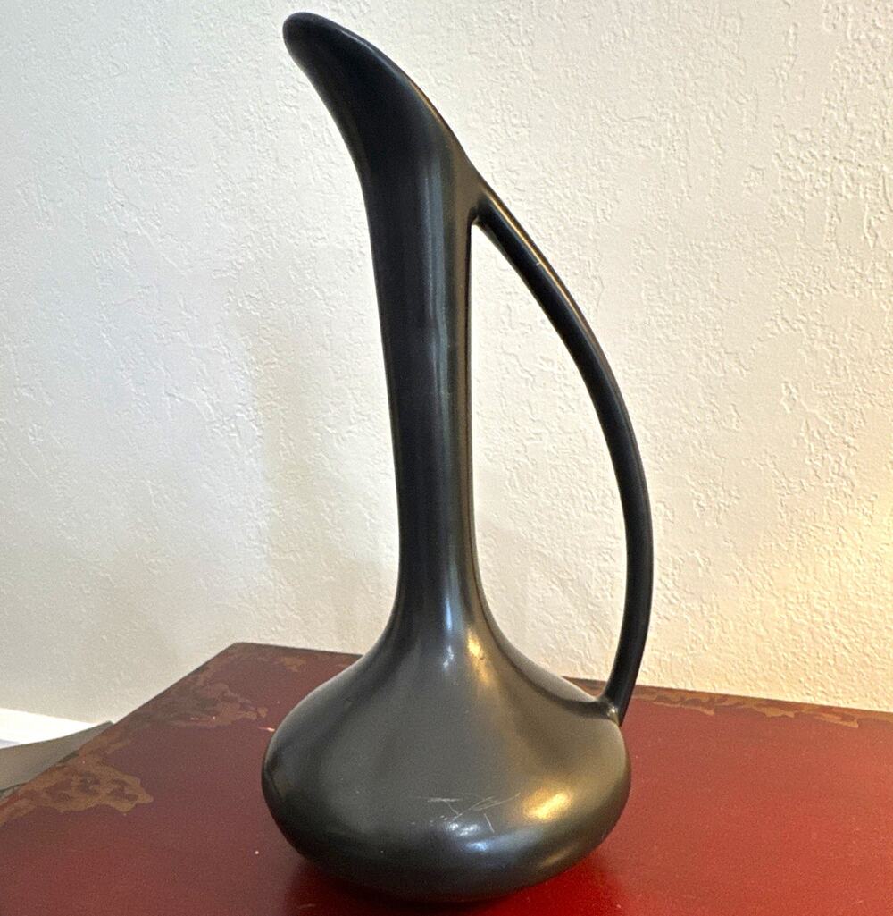 Vintage Mid-Century Van Briggle Art Pottery Ewer Vase - Satin Raven Black Glaze.